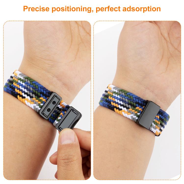 Multicolor woven magnetic watch band shown fastening around a wrist