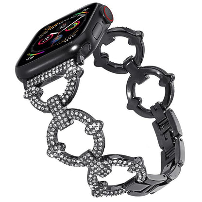 Black Apple Watch band with crystal-studded O-shaped links and metal clasp
