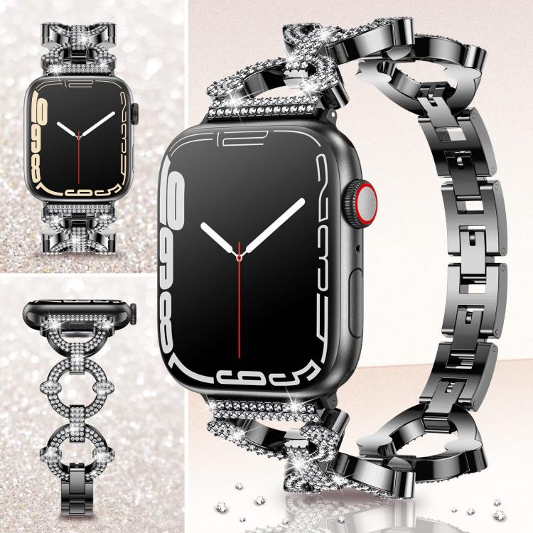 Black Apple Watch band with crystal accents, O-shaped links and adjustable metal clasp