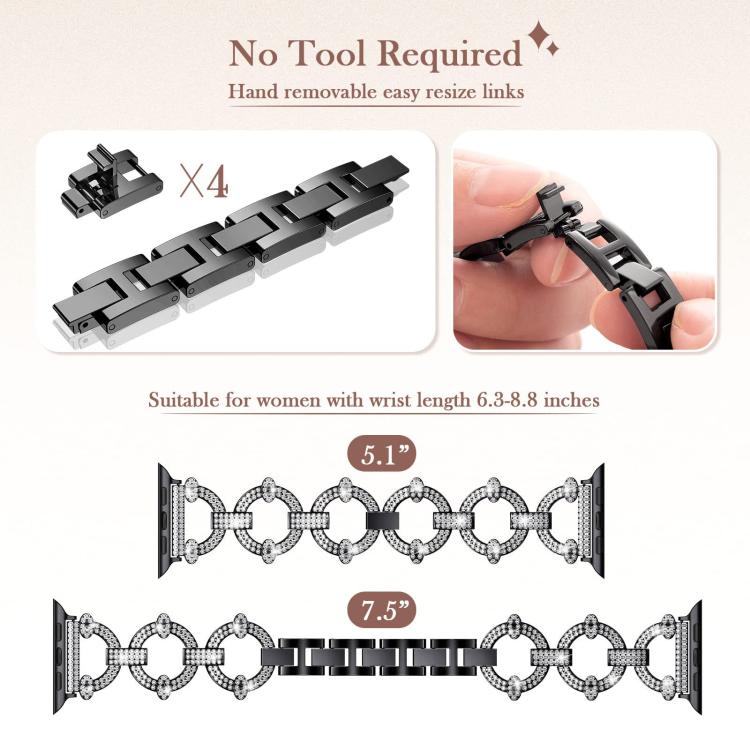 Black O-shaped Apple Watch band with crystal accents and removable sizing links