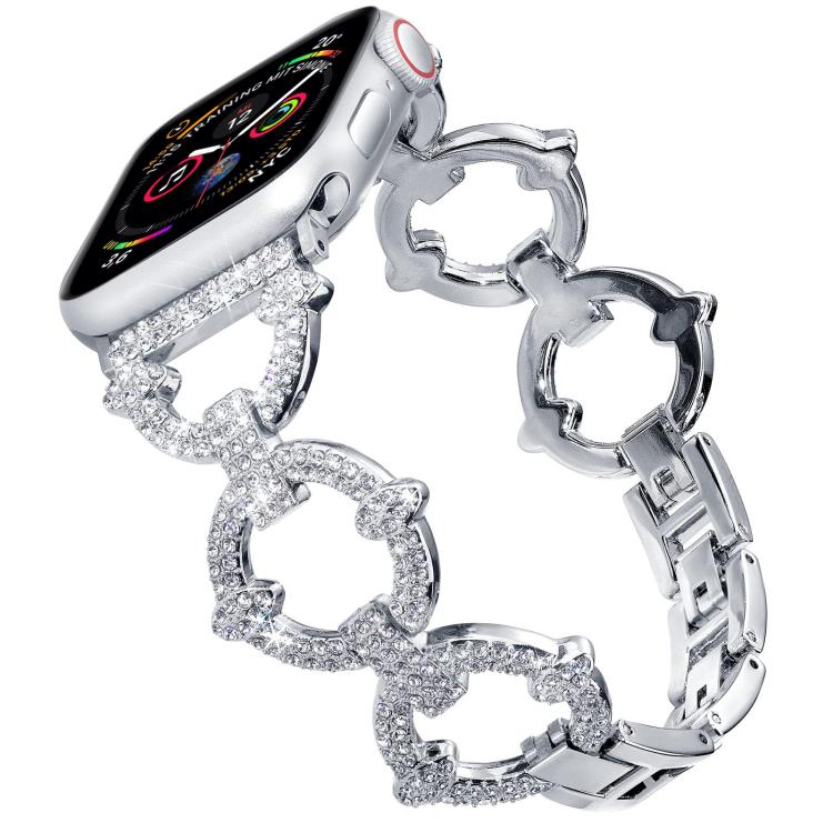 Silver O-shaped diamond metal Apple Watch band with clear stones and linked open shapes