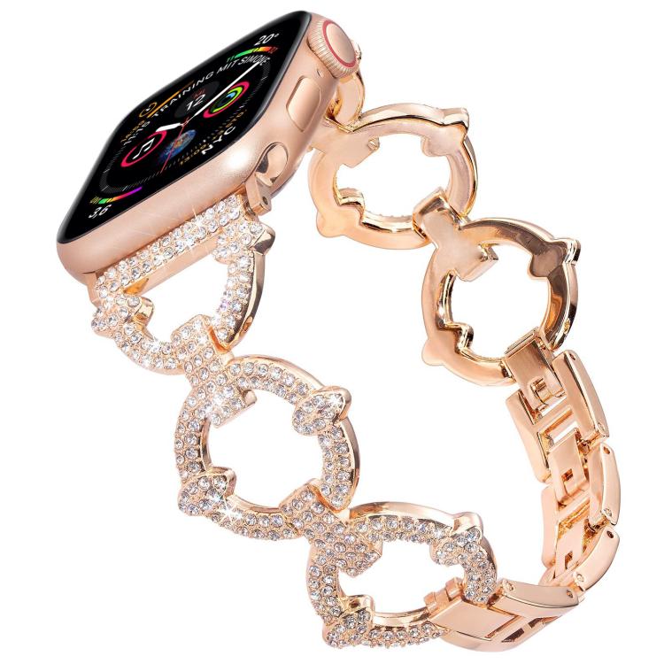Rose gold O-shaped diamond metal Apple Watch band with clear stones and linked open shapes