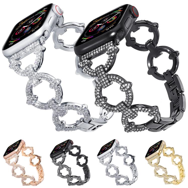 O-shaped diamond metal Apple Watch bands in silver, black, rose gold, and gold