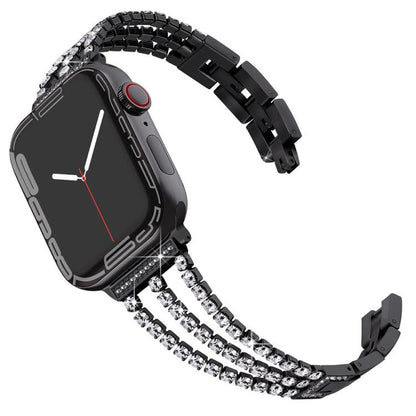 Black three-row metal Apple Watch band with rhinestones, shown attached to a watch