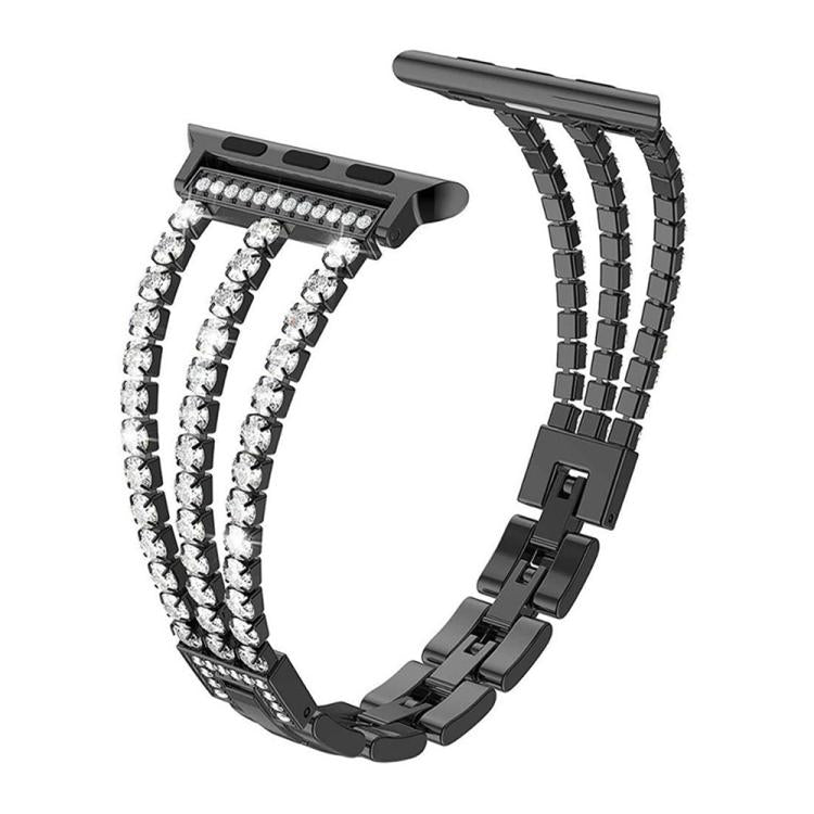 Black three-row metal Apple Watch band with rhinestones and folding clasp