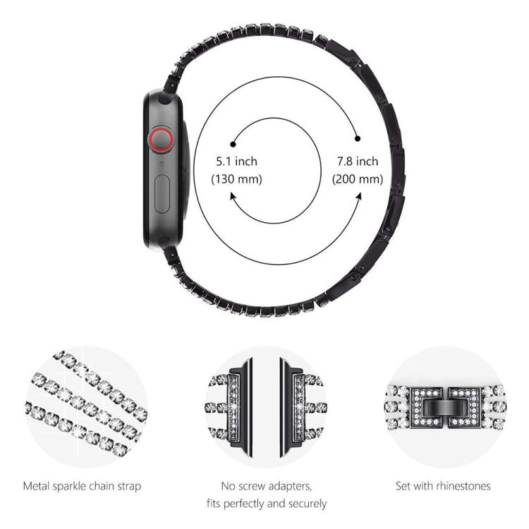 Black metal Apple Watch band with rhinestones, size and connector details shown