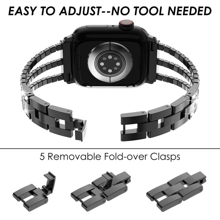 Black three-row metal Apple Watch band with removable fold-over clasps