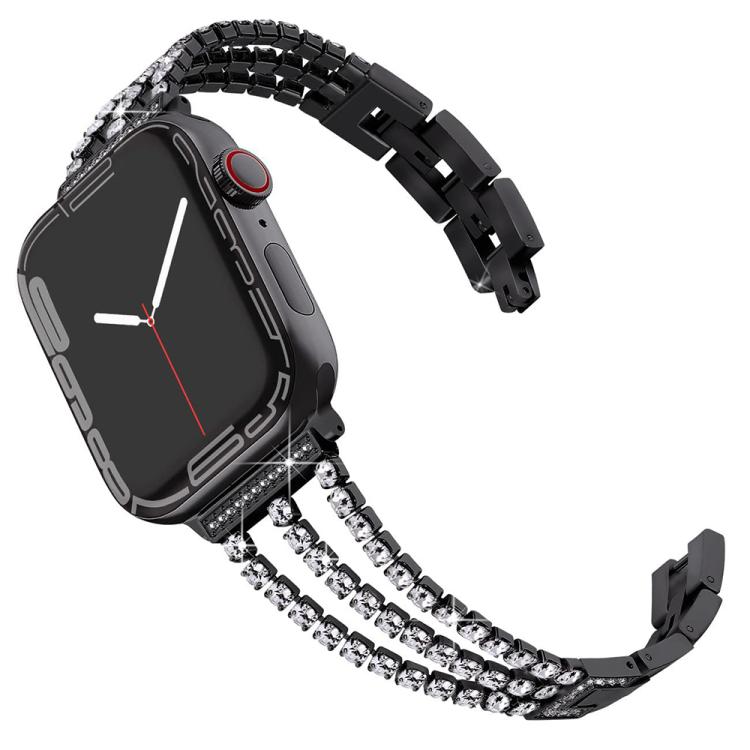 Black three-row metal Apple Watch band with crystal accents.
