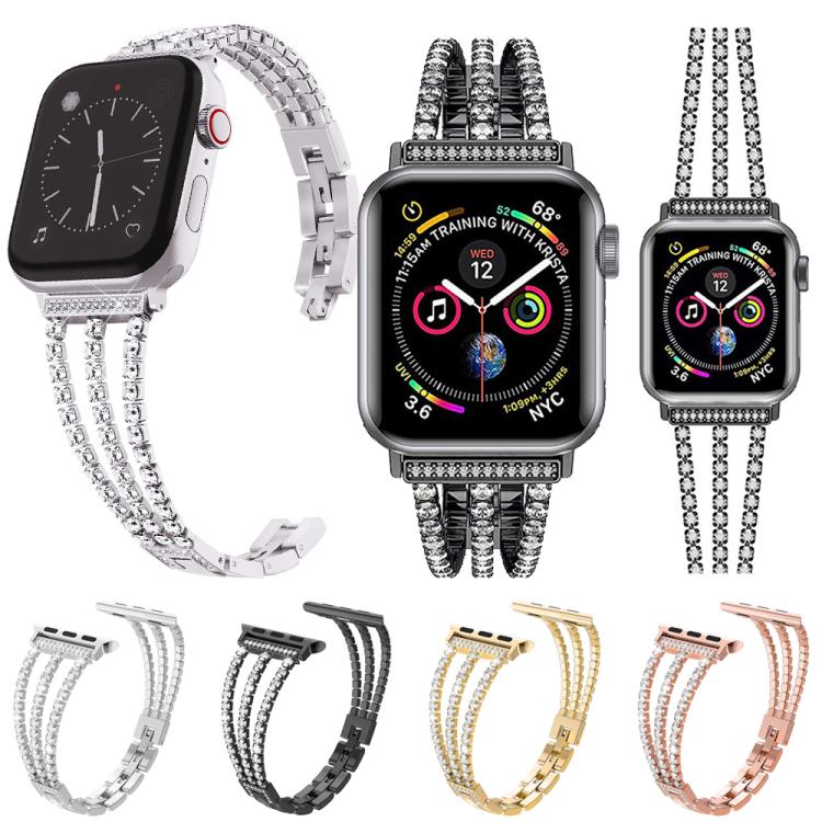 Three-row crystal-accented metal Apple Watch bands in silver, black, gold, and rose gold.