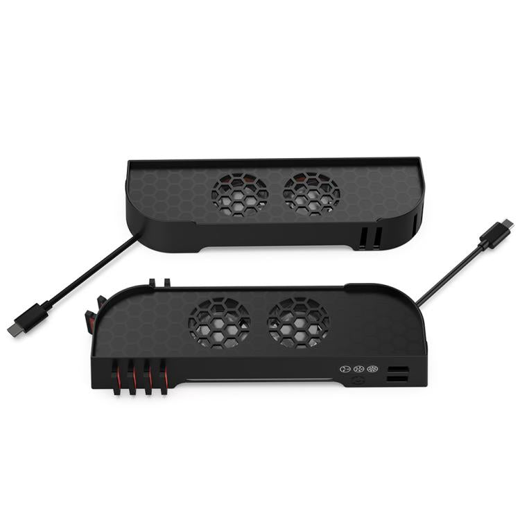 Black cooling dock base with hex fan grilles and two connected cable ends