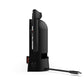Black cooling dock charging base side view with rear vents and power cable