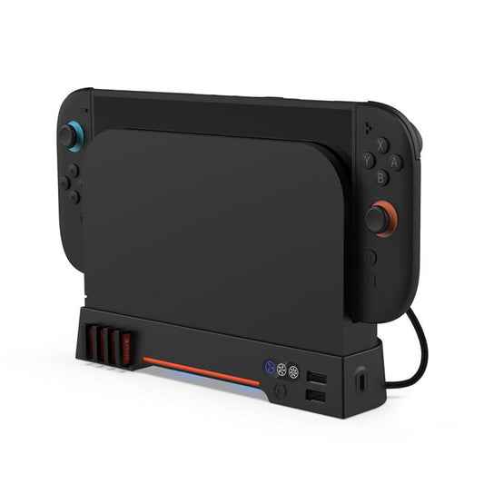 Black cooling dock charging base with controller stand and front port openings