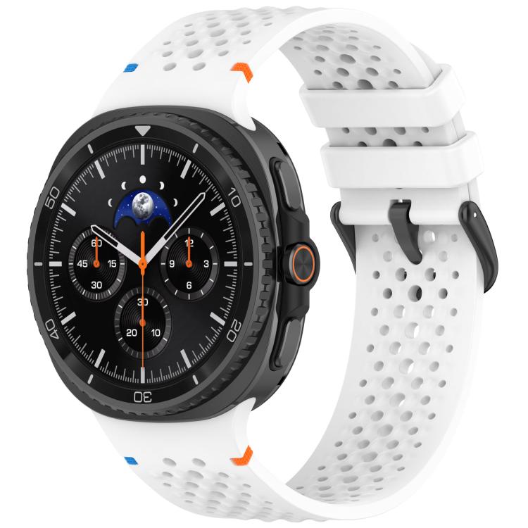 White perforated silicone watch band with black buckle, shown on a smartwatch