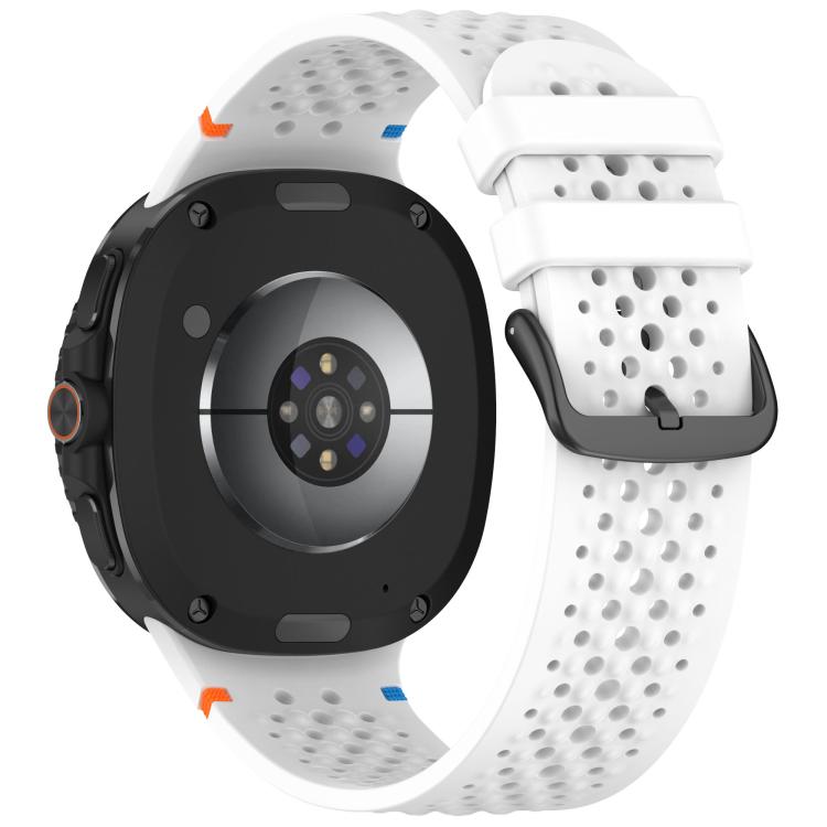 Back view of a white perforated silicone watch band with black buckle on a smartwatch