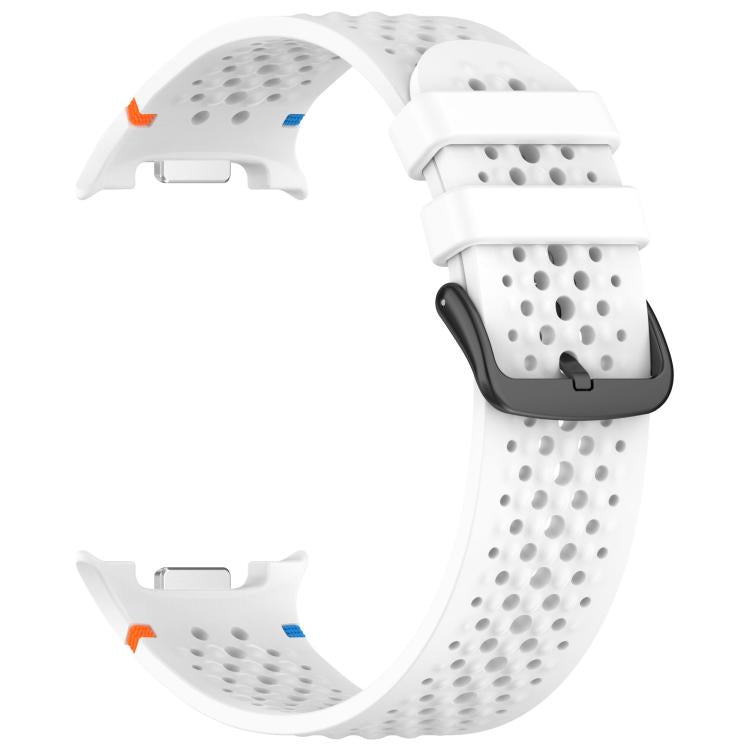 White perforated silicone watch band with black buckle, shown without a watch