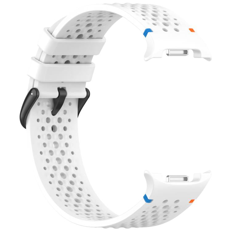 Reverse view of a white perforated silicone watch band with black buckle