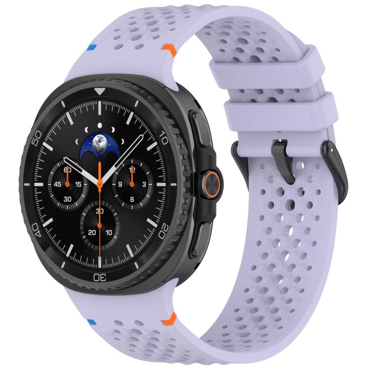 Lavender perforated silicone watch band with black buckle on a smartwatch