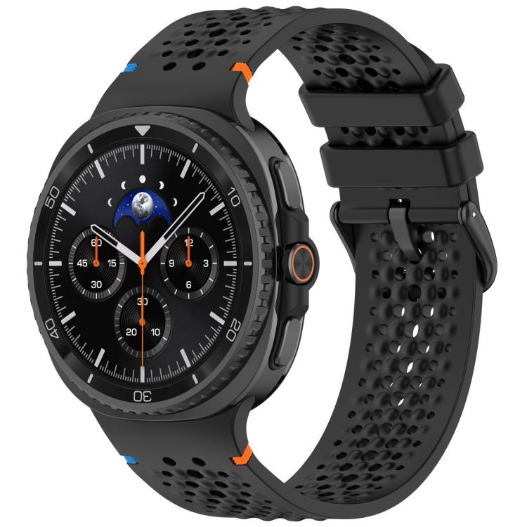 Black perforated silicone watch band with black buckle on a smartwatch