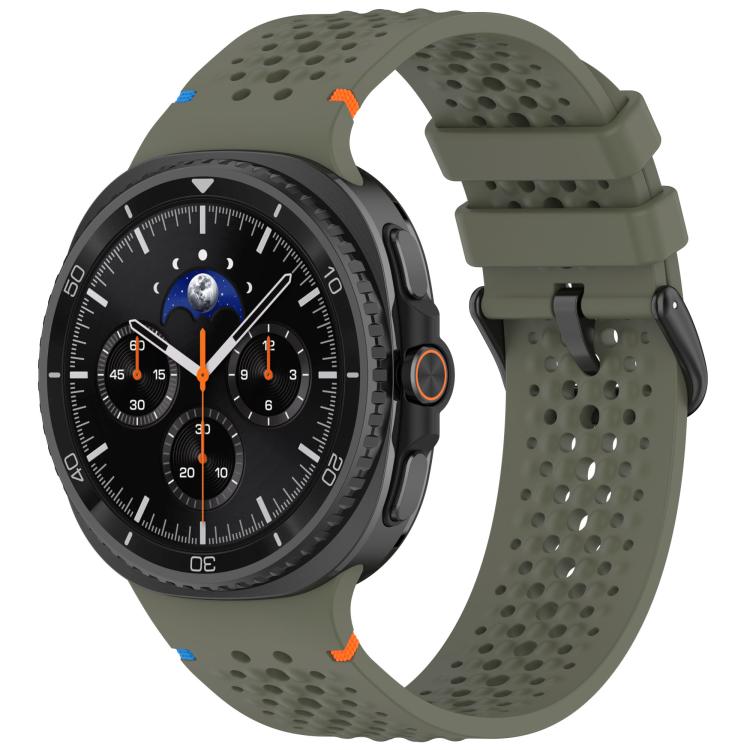 Olive green perforated silicone watch band with black buckle, shown on a smartwatch.