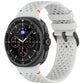 White perforated silicone watch band with black buckle, shown on a smartwatch.