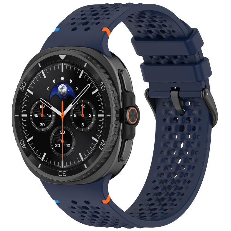 Navy blue perforated silicone watch band with black buckle, shown on a smartwatch.