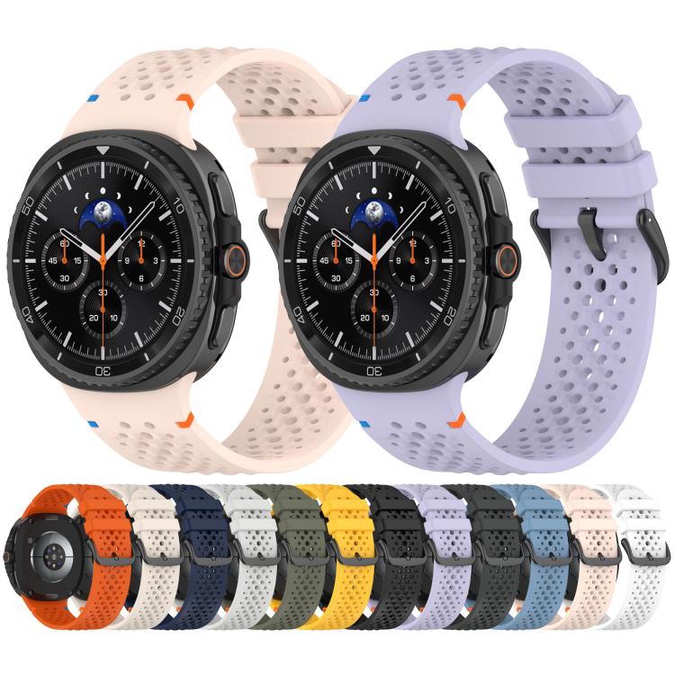 Perforated silicone watch bands in assorted colors, shown on watches and arranged in a color lineup.
