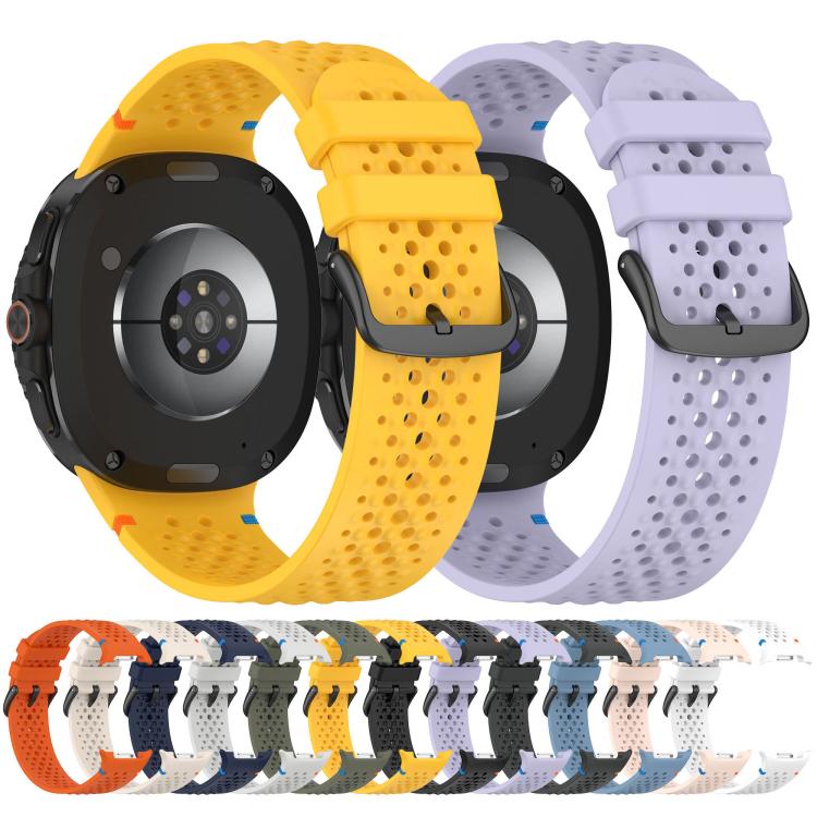 Yellow and lavender perforated silicone watch bands shown from the back, with buckles and color lineup.