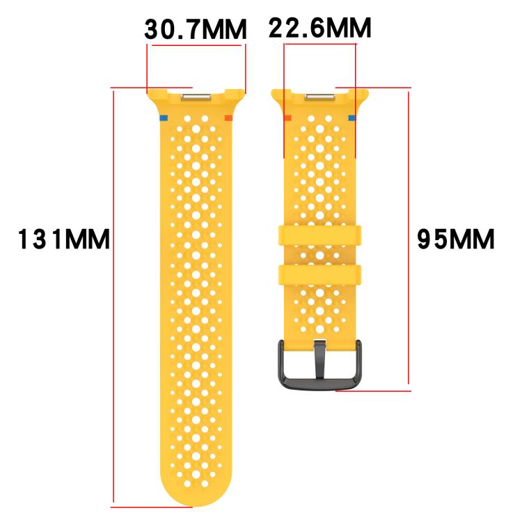 Yellow perforated silicone watch band shown as two straps with width and length measurements.