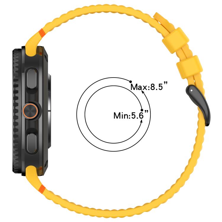 Yellow perforated silicone watch band shown with a smartwatch and wrist-fit range of 5.6 to 8.5 inches.