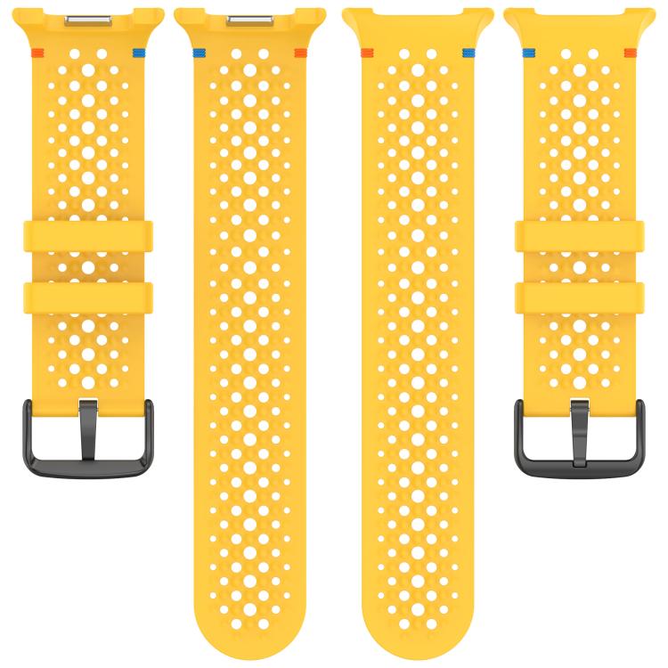 Yellow perforated silicone watch band shown as four separate strap pieces with black buckles.