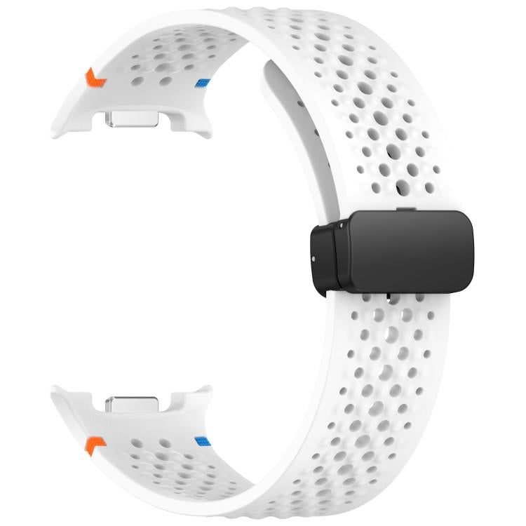 White perforated silicone watch band with black magnetic buckle, shown without a watch