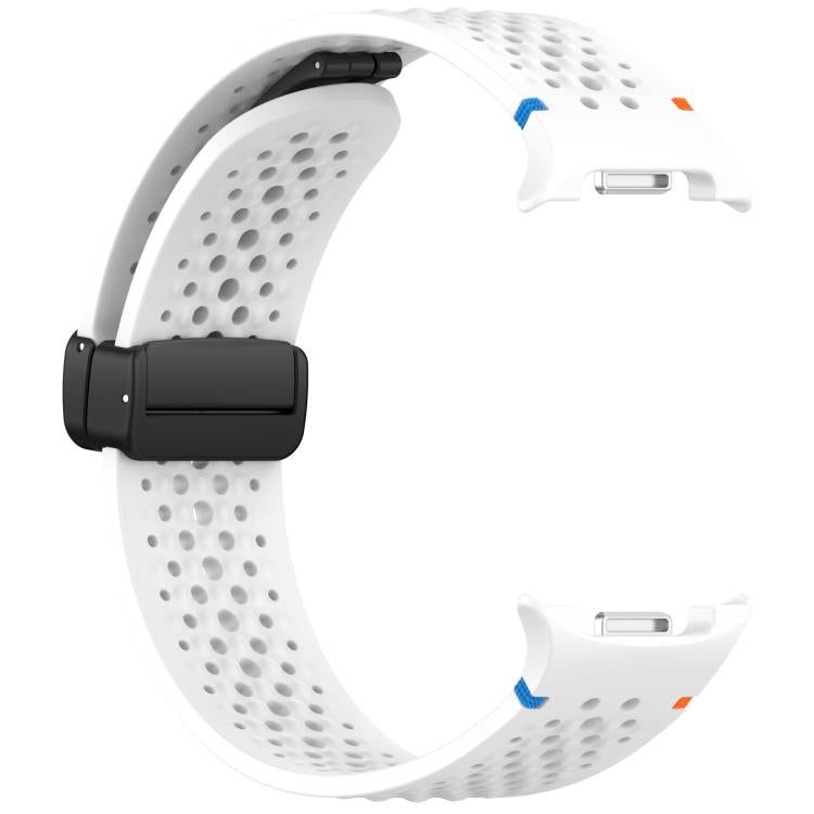 Opposite side of white perforated silicone watch band with black magnetic buckle