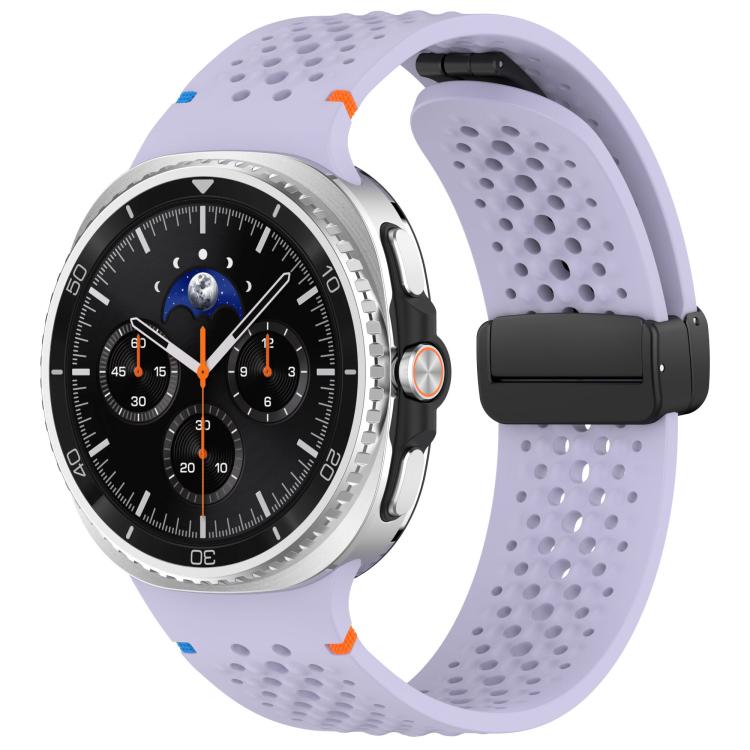 Lavender perforated silicone watch band with black magnetic buckle, shown on a watch