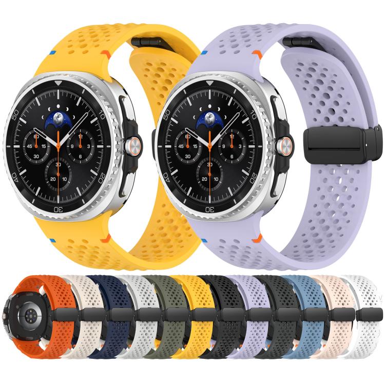 Perforated silicone watch bands in yellow and lavender, with black magnetic buckles.