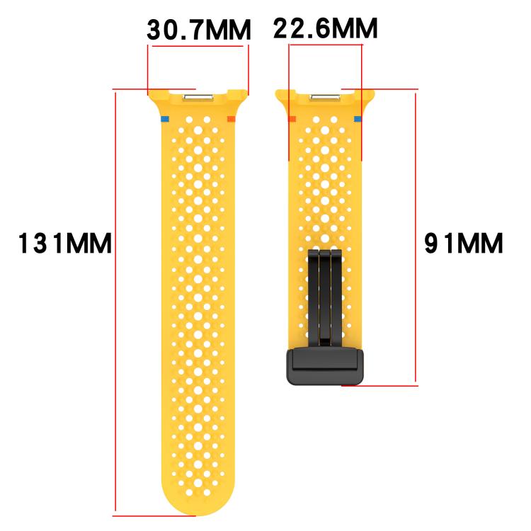 Yellow perforated silicone watch band pieces shown with length and width measurements.