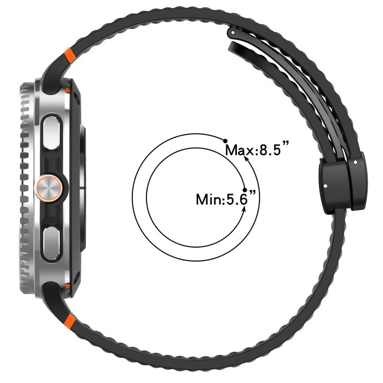 Black perforated silicone watch band shown with a watch and wrist size range.