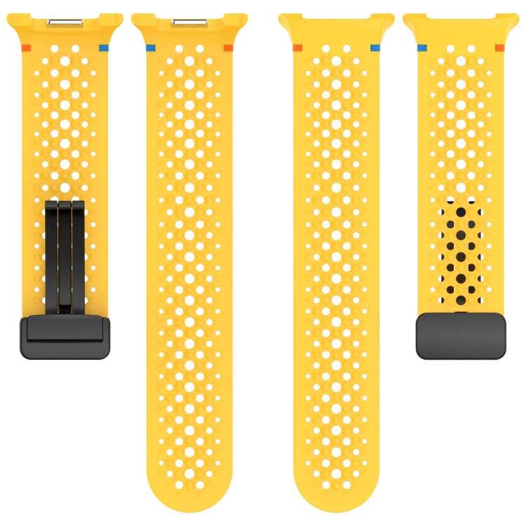 Yellow perforated silicone watch band shown as separate strap pieces with black buckle.
