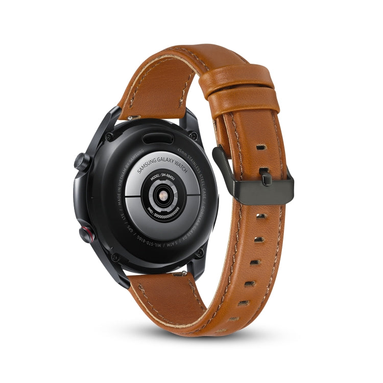 Light brown leather watch strap with buckle and stitch holes, watch back view attached