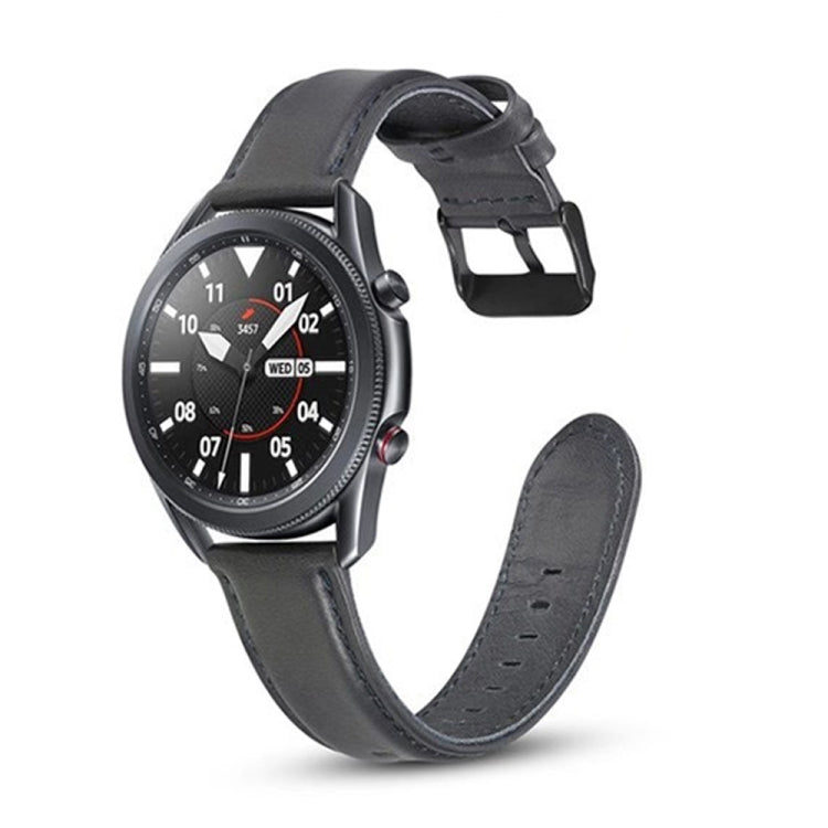 Gray leather watch strap with buckle and stitched holes for Galaxy Watch