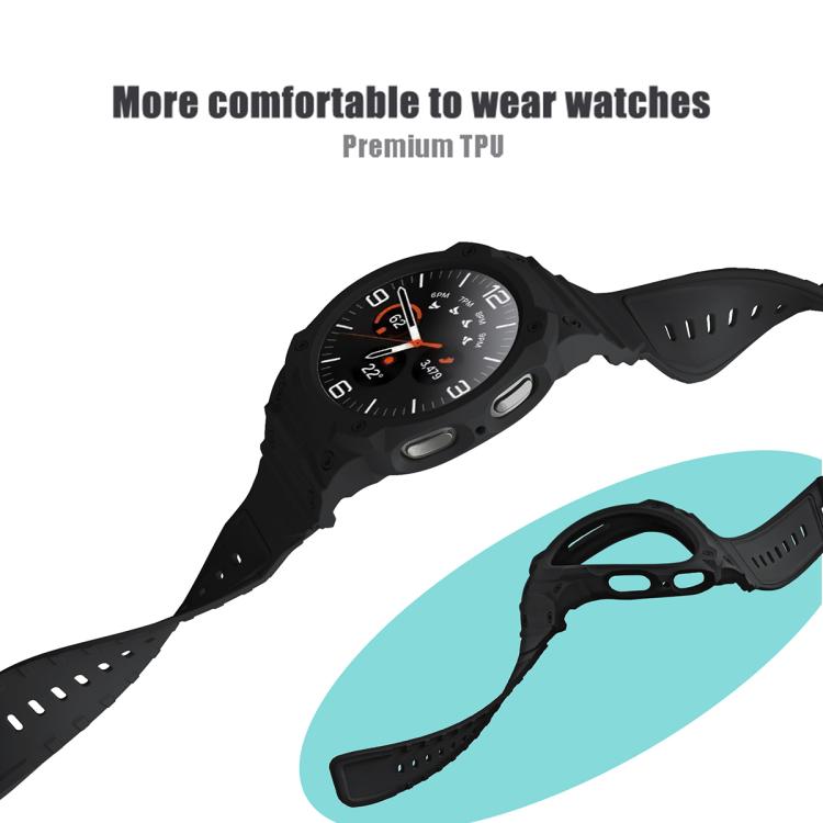 Black TPU watch band shown flexed to display its flexible construction
