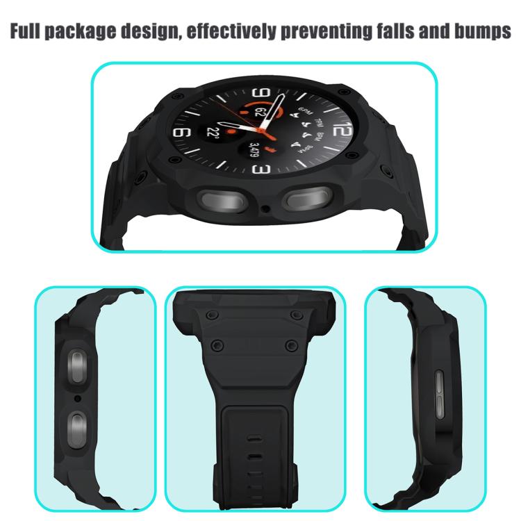 Black integrated TPU watch band with protective case shown from multiple angles