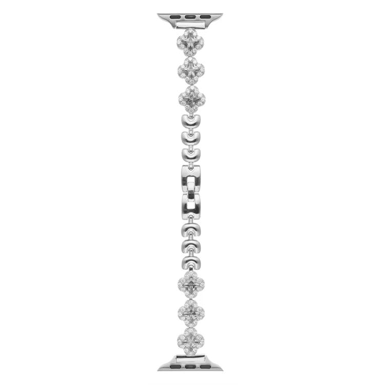 Silver metal Apple Watch band with crystal clover links and adjustable chain links