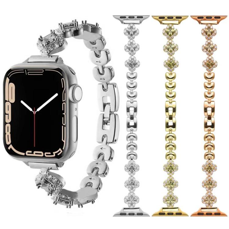 Metal Apple Watch band with crystal clover links in silver, gold, and rose gold