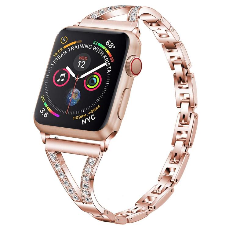 Rose gold stainless steel watch band with crystal-accented connector sections, shown on a smartwatch