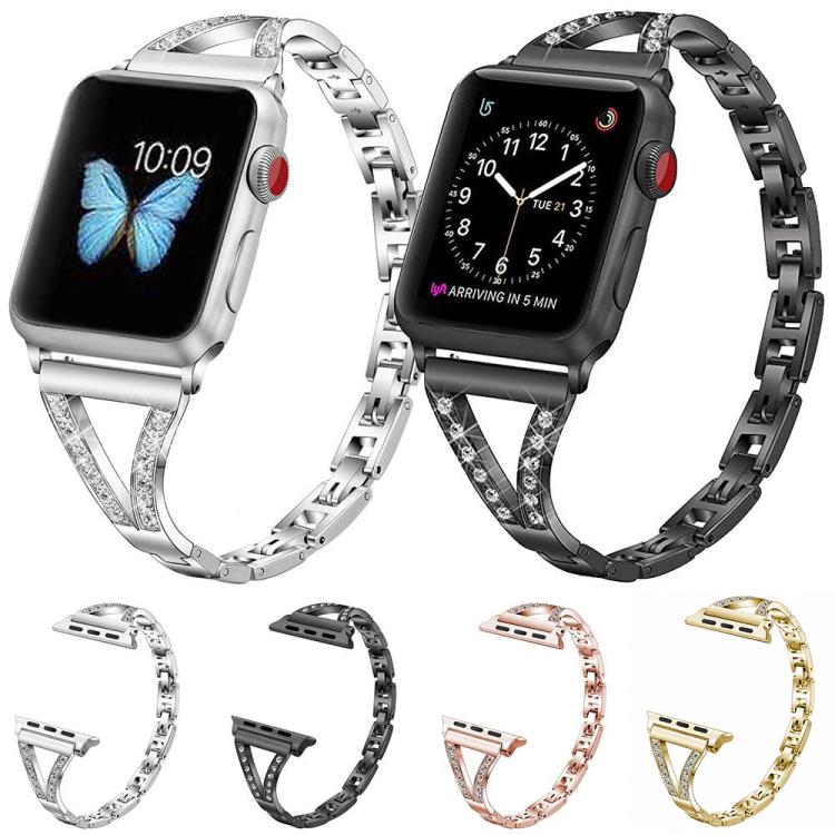 Stainless steel watch bands in silver and black, with crystal-set connectors; gold and rose gold options.