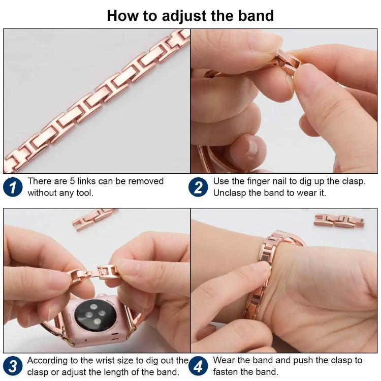 Rose gold stainless steel watch band shown being adjusted, clasped, and worn.