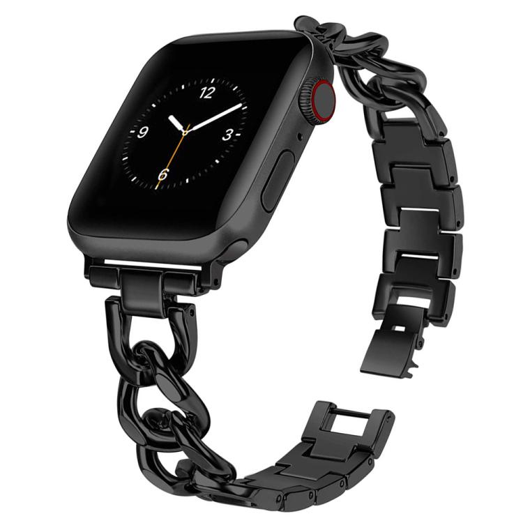 Black metal Apple Watch band with linked chain accents and a folding clasp