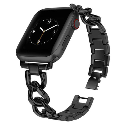Black metal Apple Watch band with linked chain accents and a folding clasp