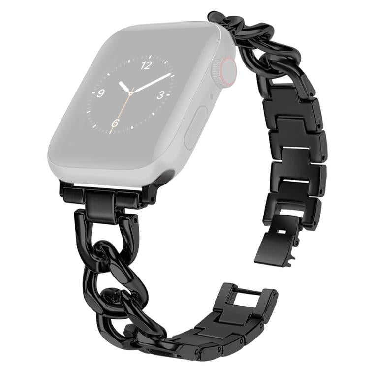 Black metal Apple Watch band with chain links, shown beside a faded watch face