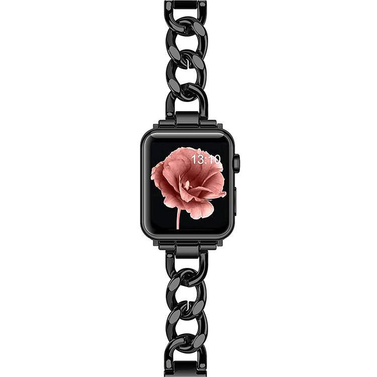 Black chain-link metal band fitted to an Apple Watch